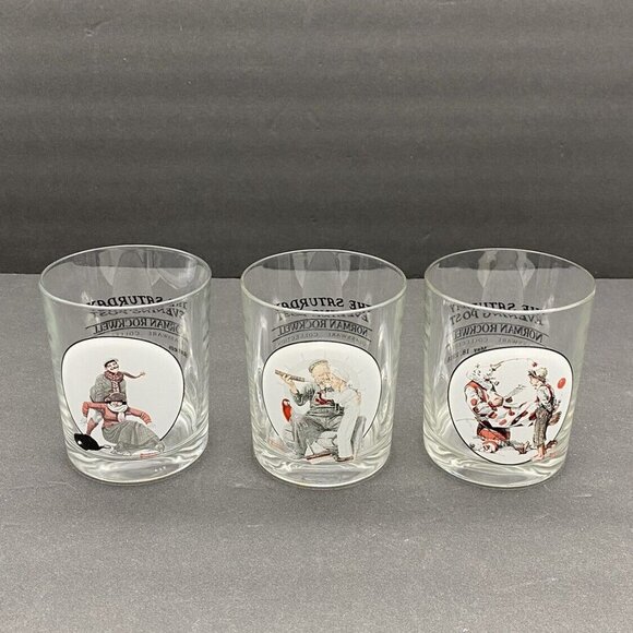 Vintage Norman Rockwell Saturday Evening Post On The Rocks Glasses Set of 3‎ - Picture 1 of 13